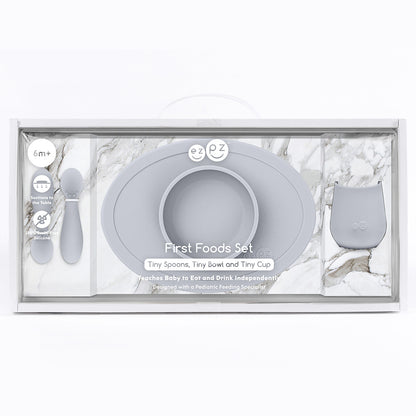 ezpz first foods set in pewter, tiny bowl, tiny cup, tiny spoon