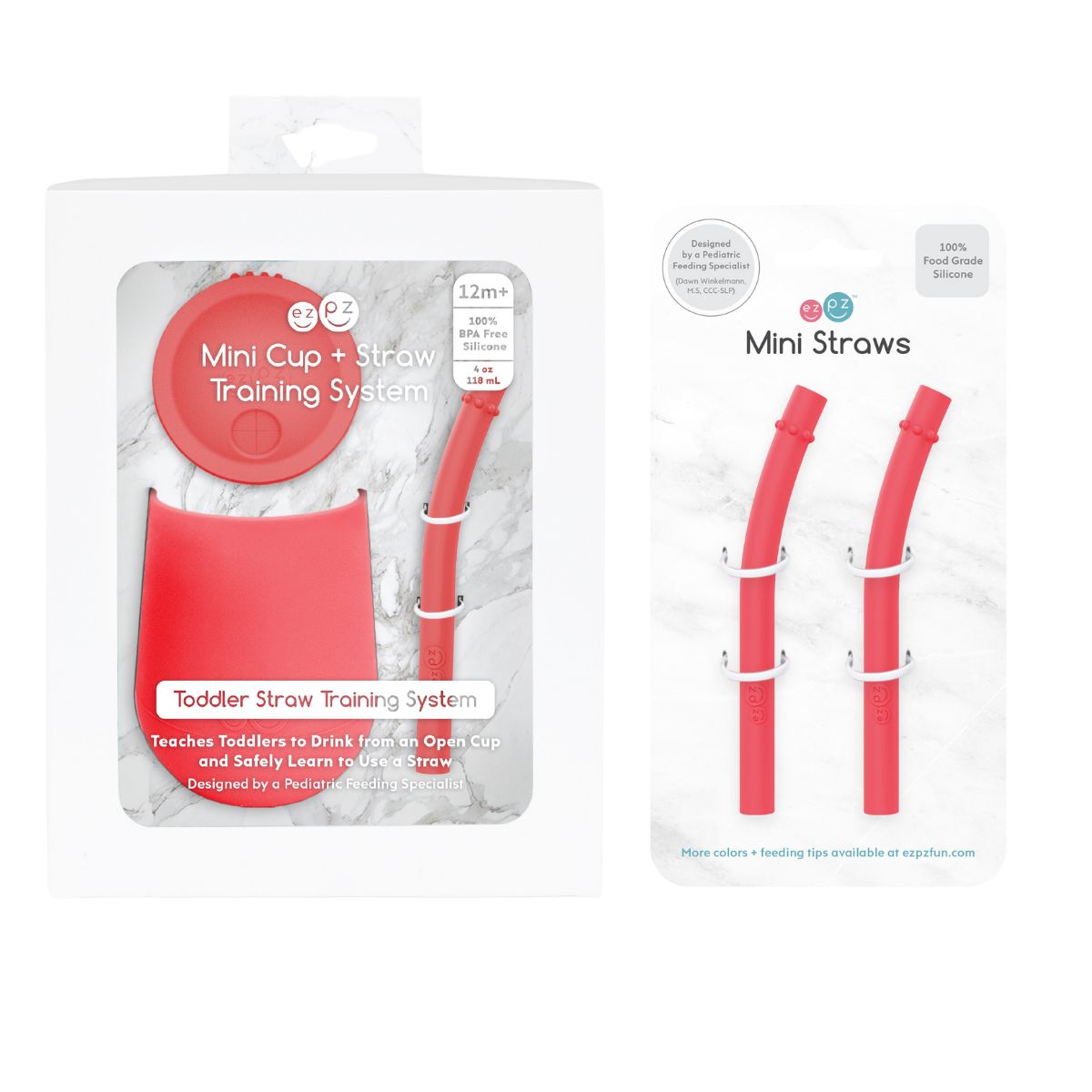 ezpz Mini Cup + Straw Training System with Extra 2-Pack of Straws in Coral