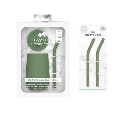 ezpz Happy Cup + Straw System with Extra 2-Pack of Straws in Olive