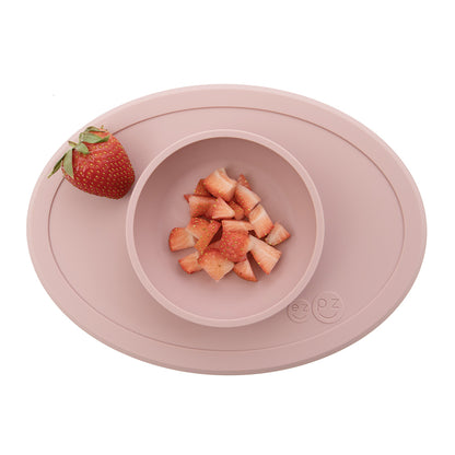 ezpz tiny bowl in blush, silicone bowl with cut strawberries