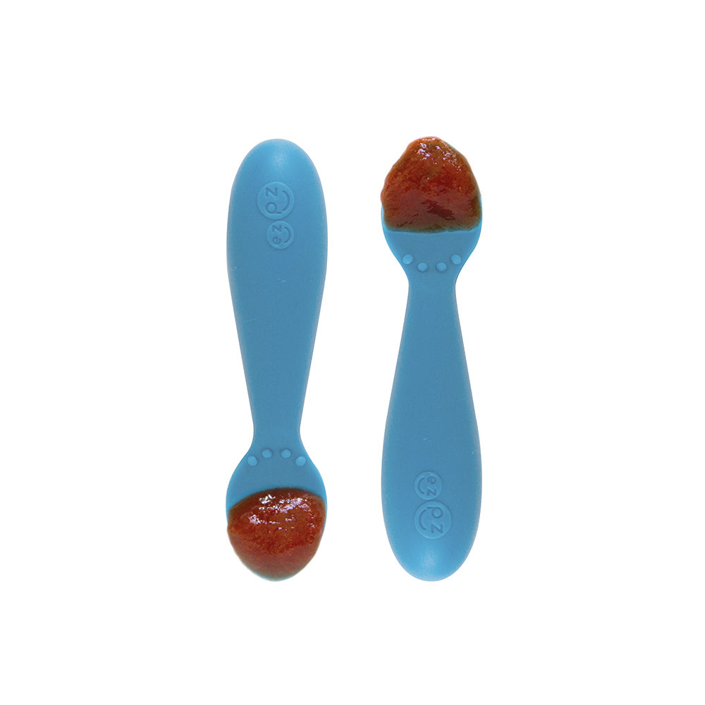 ezpz tiny spoon 2 pack in blue, silicone spoons for feeding baby