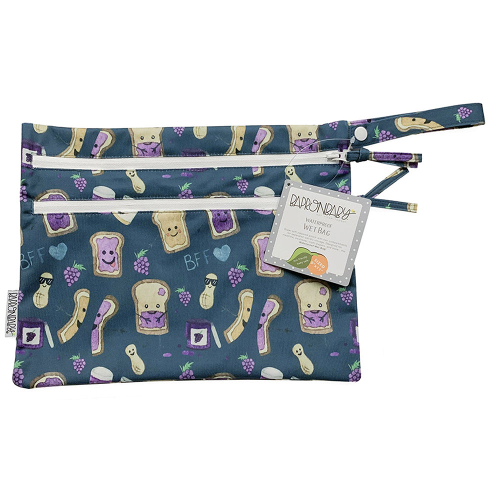 A bapron baby wet bag with zippers, PB&J pattern