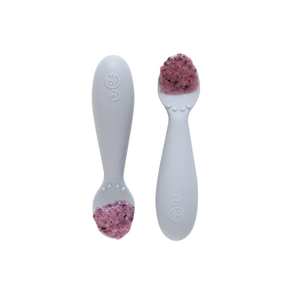 ezpz tiny spoon 2 pack in pewter, silicone spoons for feeding baby