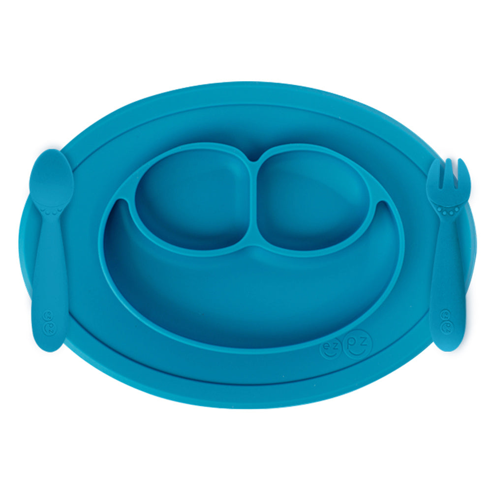 ezpz mini feeding set in blue, mini mat with mini for and spoon, silicone feeding set for baby