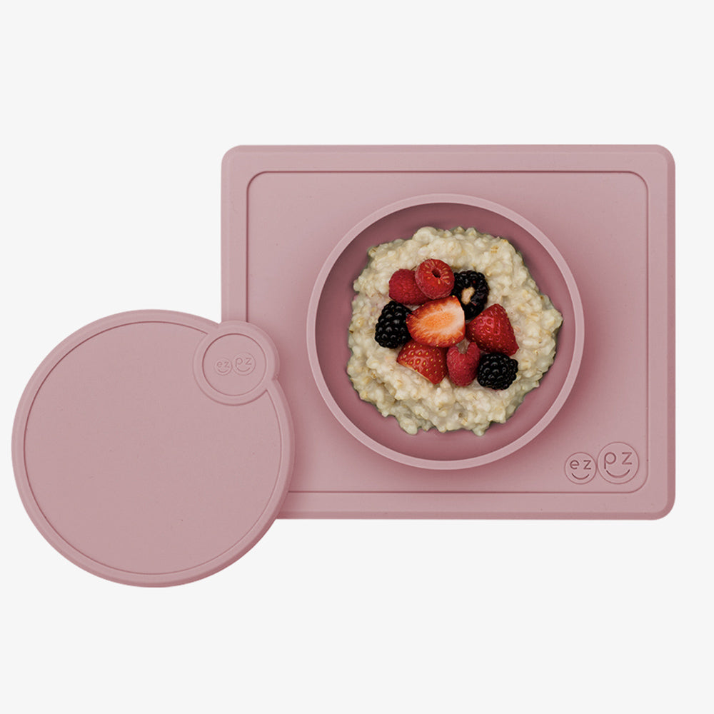 ezpz lid for mini bowl in blush, mini bowl with oatmeal and fruit
