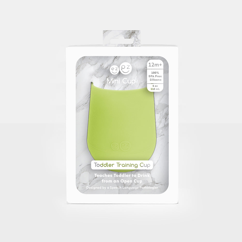 ezpz mini cup in lime, silicone drinking cup for toddler with packaging