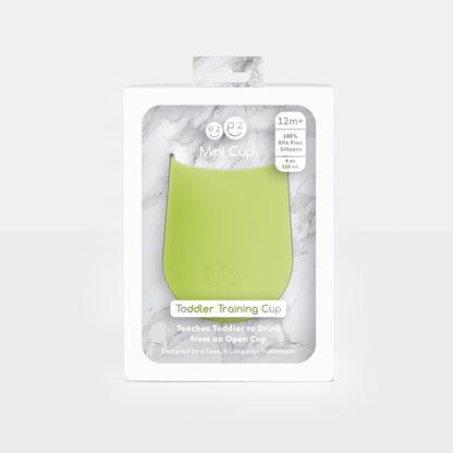 ezpz mini cup in lime, silicone drinking cup for toddler with packaging