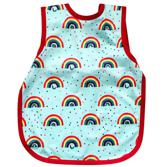 Bapron baby apron/bib with bright rainbow pattern, "Rainbow Caterpillar" by Eric Carle