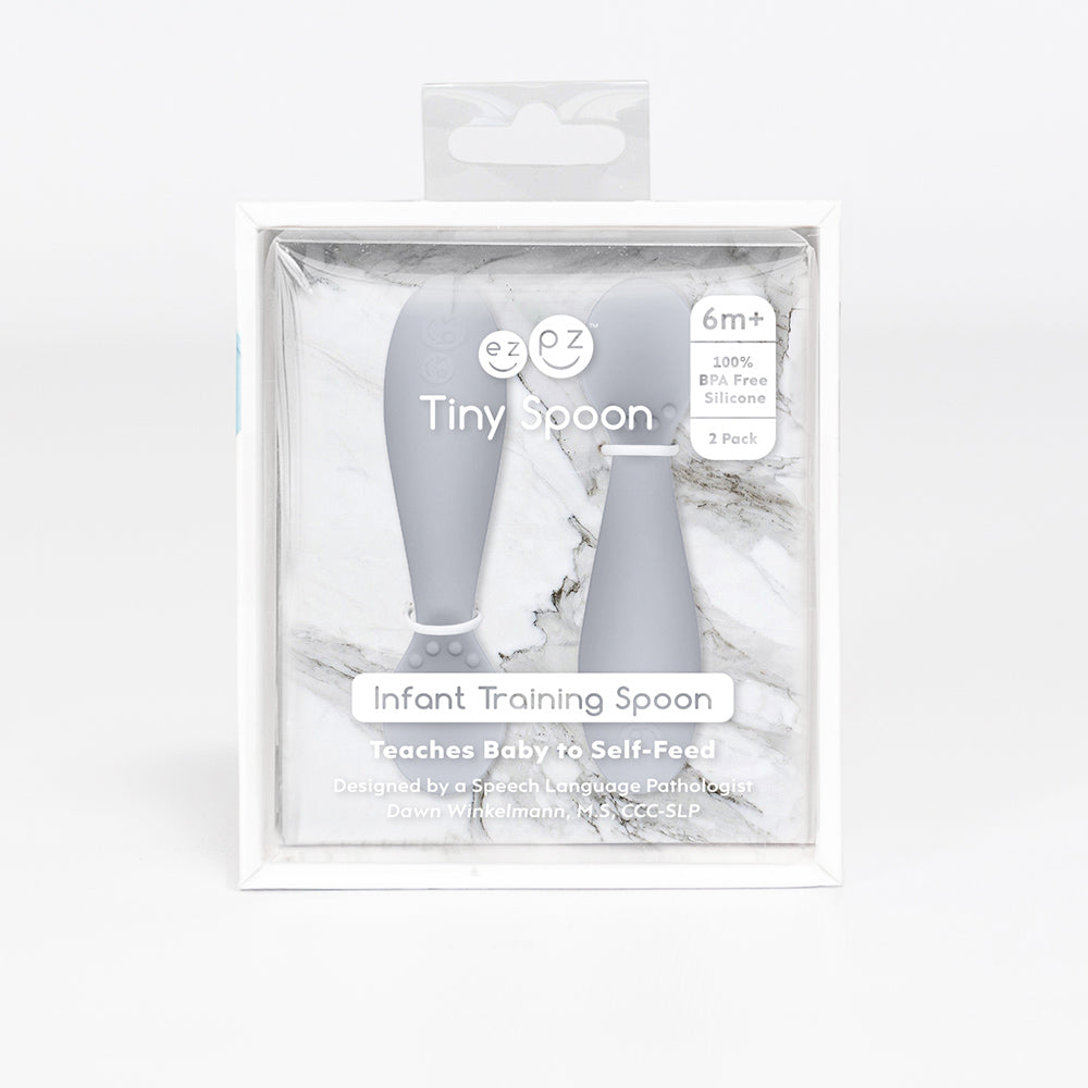 ezpz tiny spoon 2 pack in pewter, silicone spoons for feeding baby in packaging
